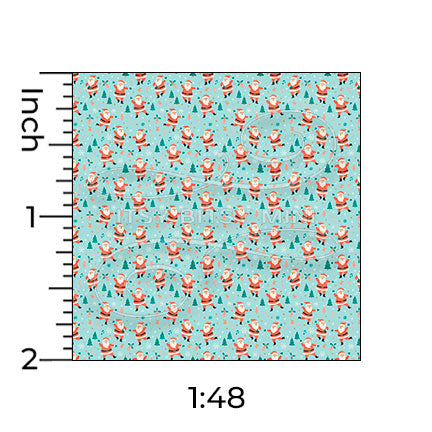 light blue dancing Santa Claus miniature dollhouse wallpaper shown with a ruler in 1:48 scale #color_aqua