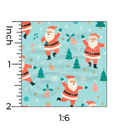 light blue dancing Santa Claus miniature dollhouse wallpaper shown with a ruler in 1:6 scale #color_aqua