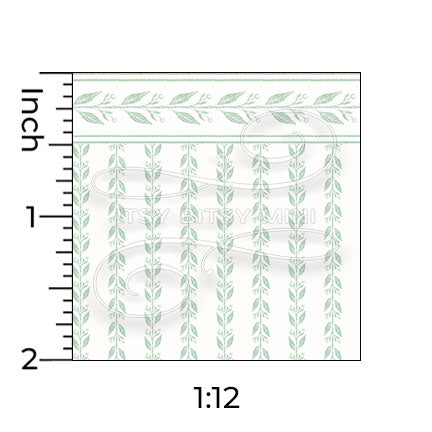 light green leaf stripe with border miniature dollhouse wallpaper shown with a ruler in 1:12 scale #color_green
