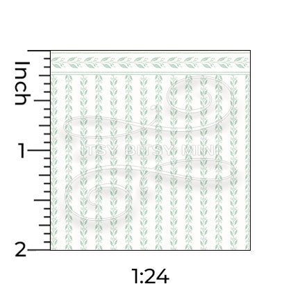 light green leaf stripe with border miniature dollhouse wallpaper shown with a ruler in 1:24 scale #color_green