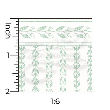 light green leaf stripe with border miniature dollhouse wallpaper shown with a ruler in 1:6 scale #color_green