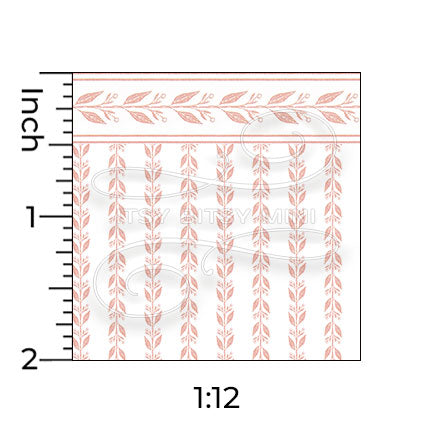 pink leaf stripe with border miniature dollhouse wallpaper shown with a ruler in 1:12 scale #color_pink