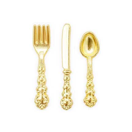 Fancy Gold Flatware Spoon Fork Knife 4 Place Setting - Dollhouse Miniature - 1:12 Scale