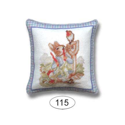 rabbit dollhouse pillow with check border