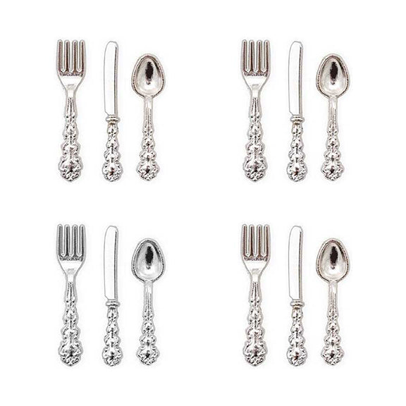 Fancy Silver Flatware Spoon Fork Knife 4 Place Setting - Dollhouse Miniature - 1:12 Scale