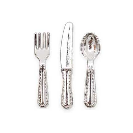 Modern Silver Flatware Spoon Fork Knife 4 Place Setting - Dollhouse Miniature - 1:12 Scale