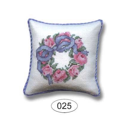 pink rose wreath with blue bow dollhouse pillow