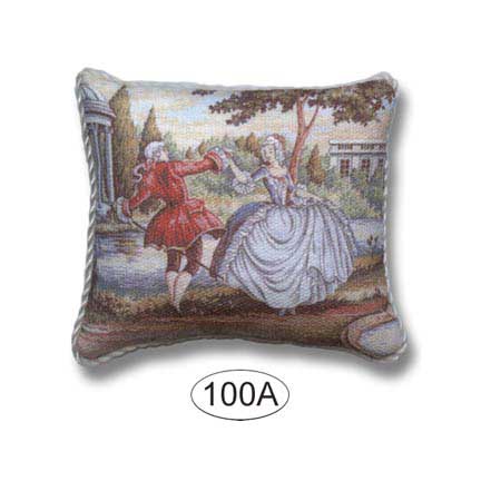 Dollhouse Miniature Pillow with Dancing 18th Century French Couple in Formal Attire with Garden Background