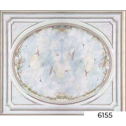 Birds, clouds and sky ceiling mural in an oval frame dollhouse wallpaper by Itsy Bitsy Mini WAL6155